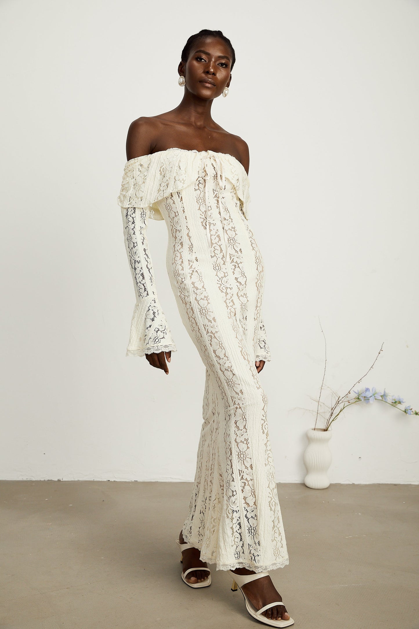 Ivory White Lace Maxi Dress with Off Shoulder Sleeves for Women - Lucrezia
