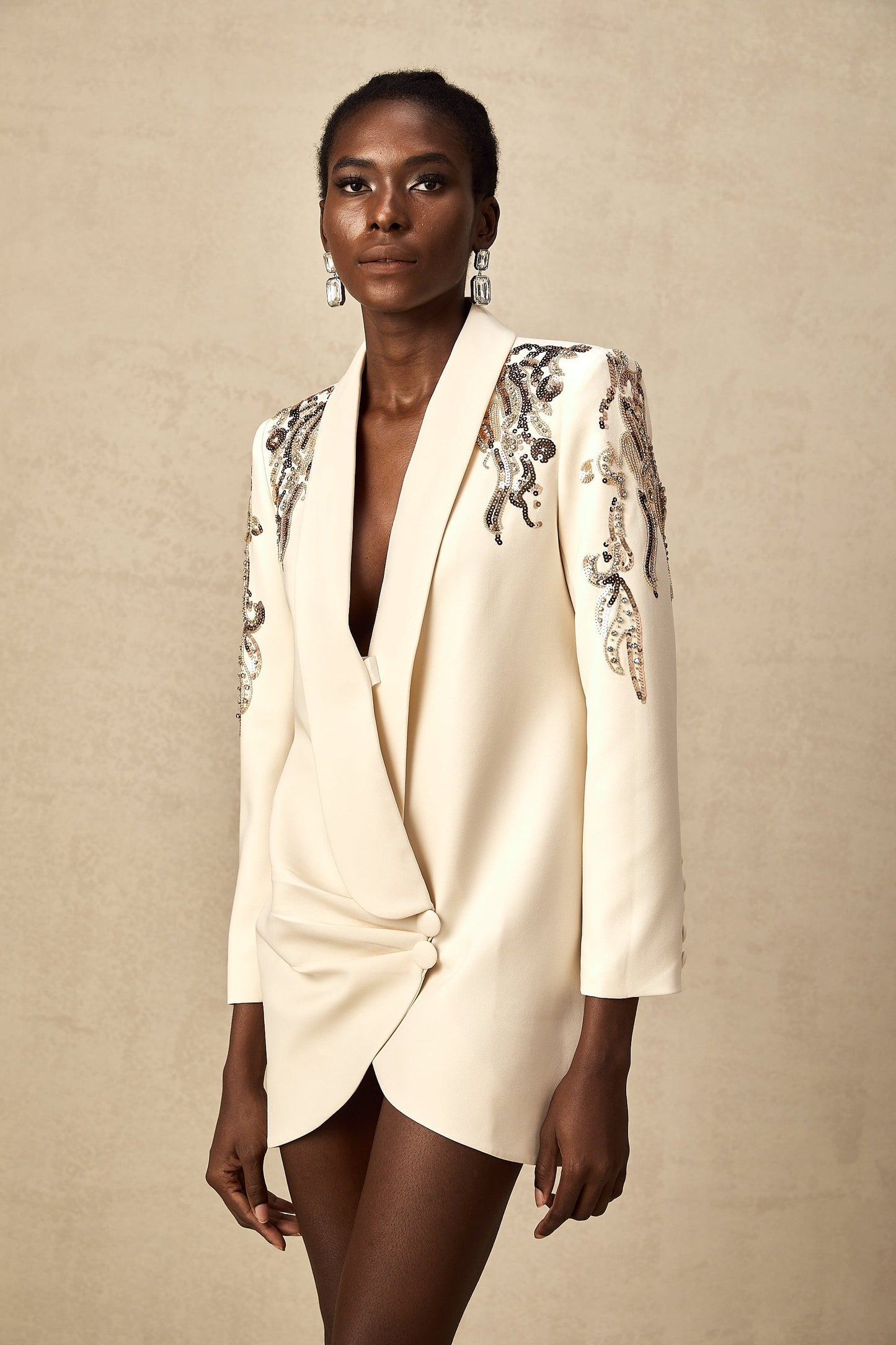 Ivory Embellished Blazer Mini Dress with Long Sleeves for Women - Teresa