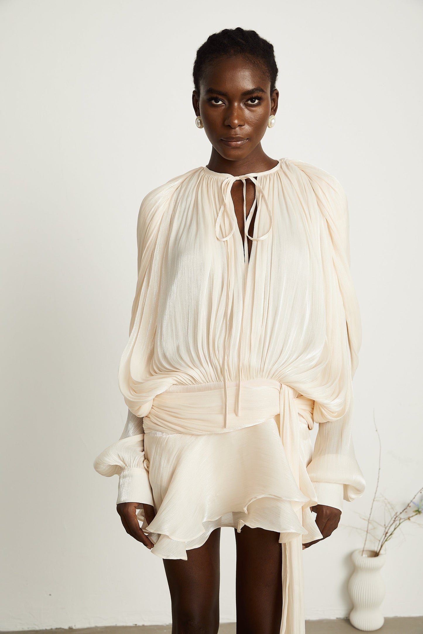 Ivory Pleated Mini Dress with Tie Waist for Women - Vittoria