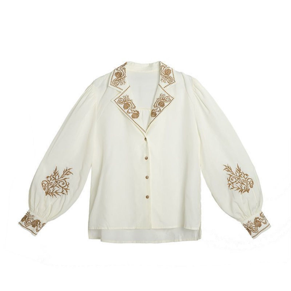 Apricot Embroidered Long Sleeve Blouse with Floral Design for Women - Mary