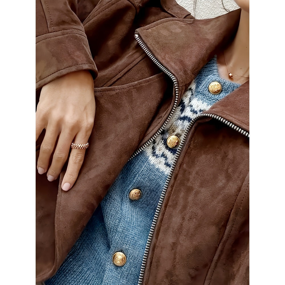 Brown Faux Suede Biker Jacket for Women - Daniela