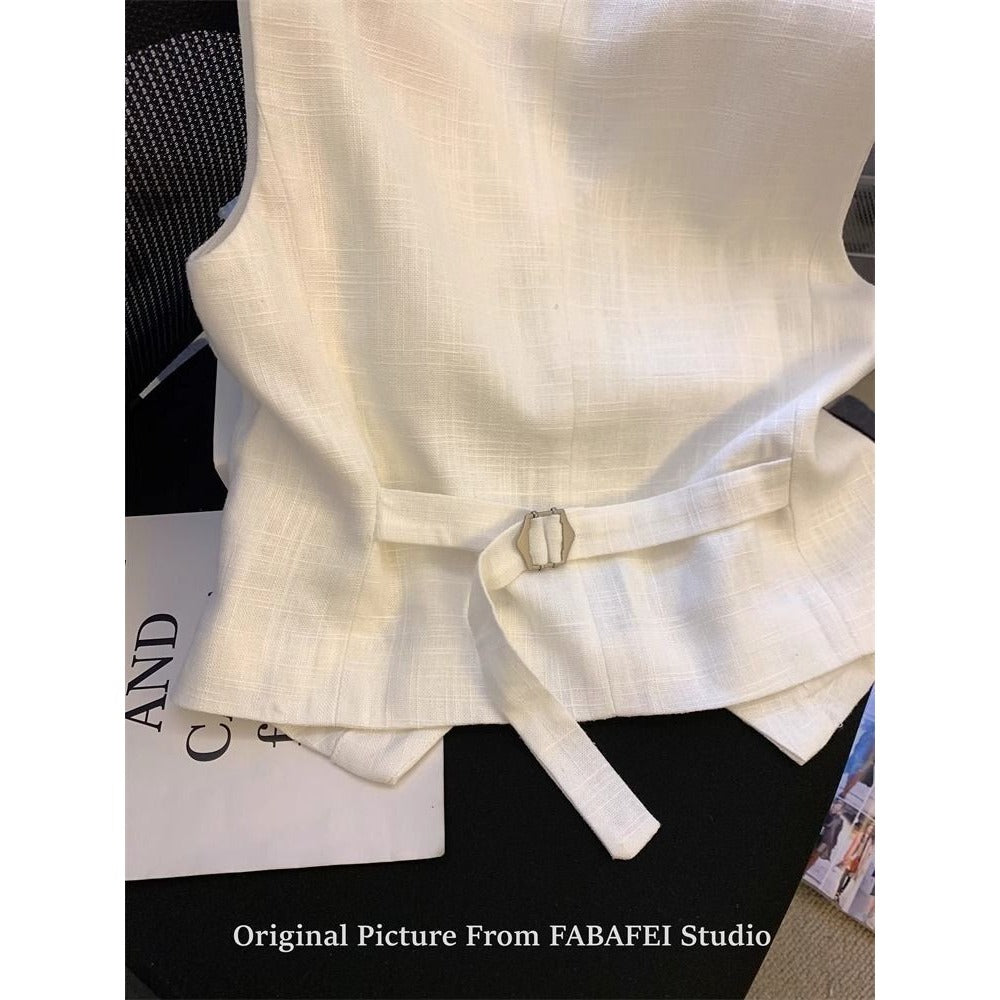 White Button Down Linen Vest Top for Women - Carmela