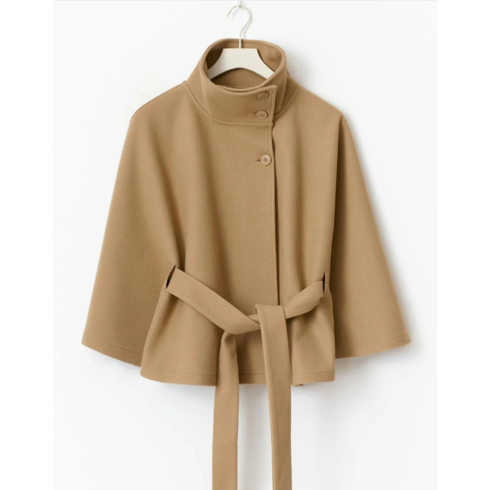 Belted Cape Coat with High Collar for Women - Iolanda
