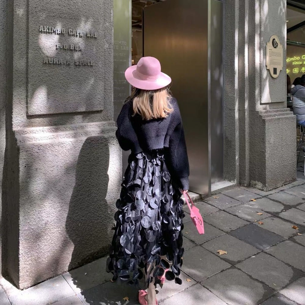 Black Polka Dot Mesh Midi Skirt for Women - Clelia