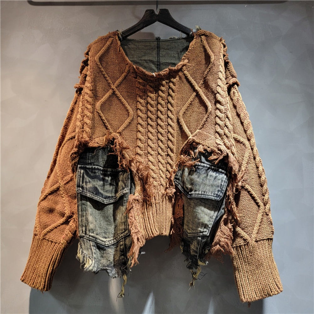 Distressed Knit Sweater with Denim Patchwork for Women - Piera