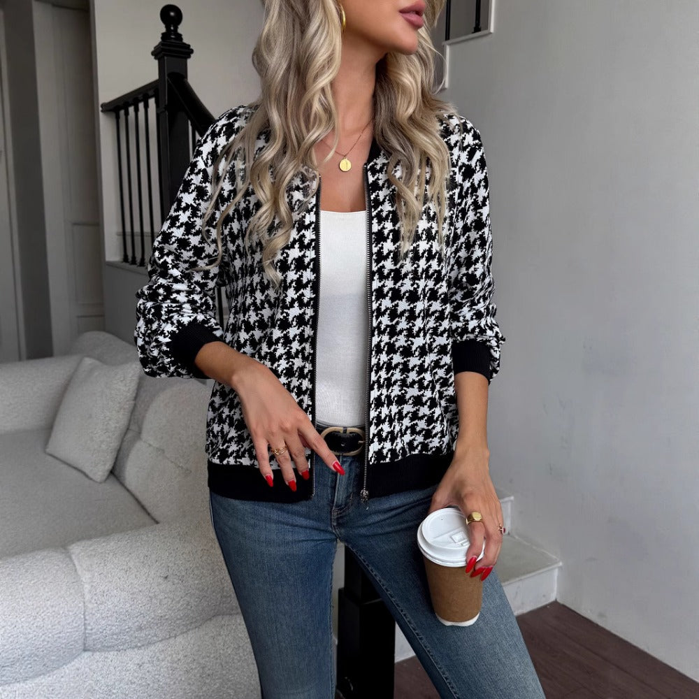 Black White Houndstooth Print Bomber Jacket with Zipper for Women - Manuela
