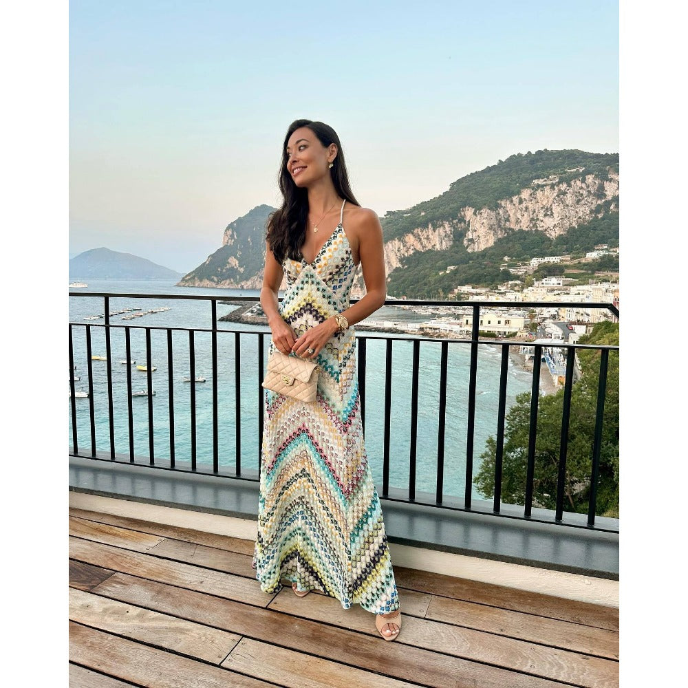 Multicolor Chevron Print Maxi Dress with Spaghetti Straps for Women - Sabina