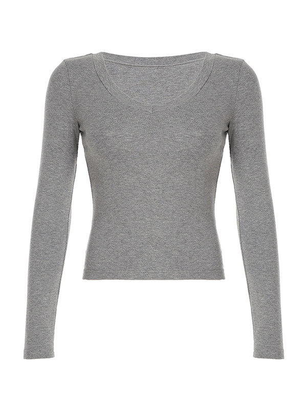 Gray 2000s Low Cut Long Sleeves Tee