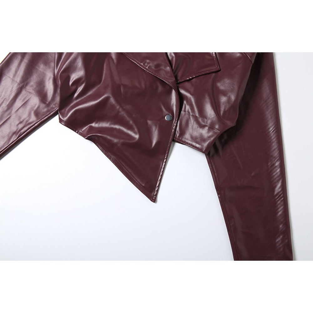 Burgundy Faux Leather Cropped Jacket for Women - Romina