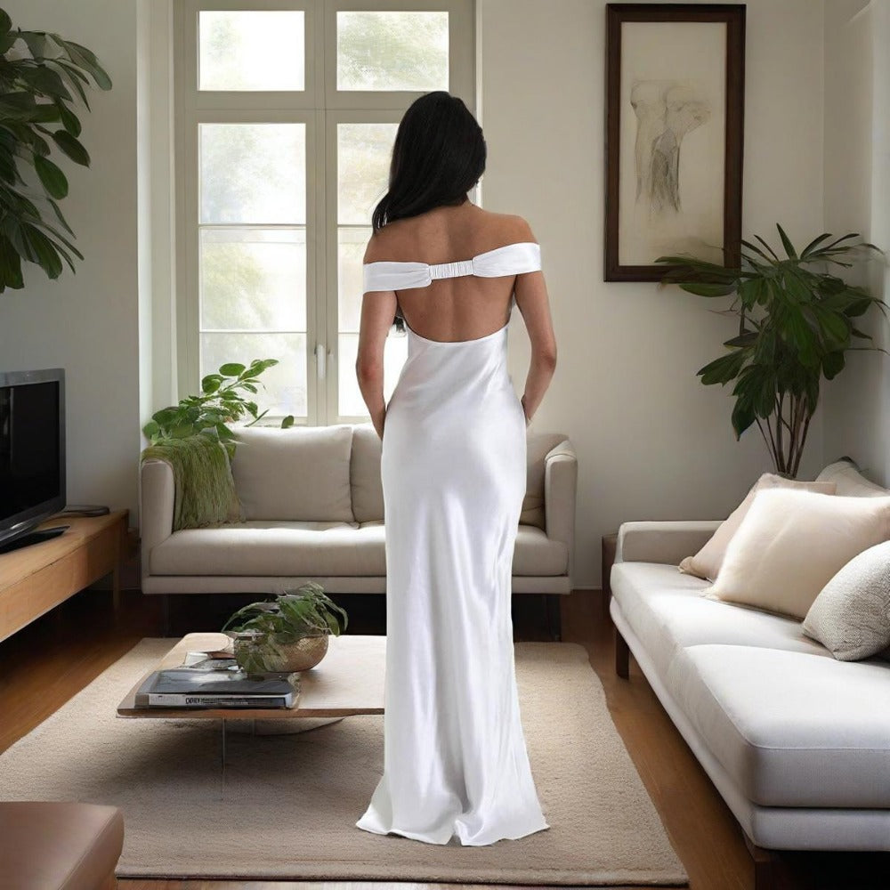 Off-Shoulder Satin Maxi Dress with Side Slit for Women - Aurora