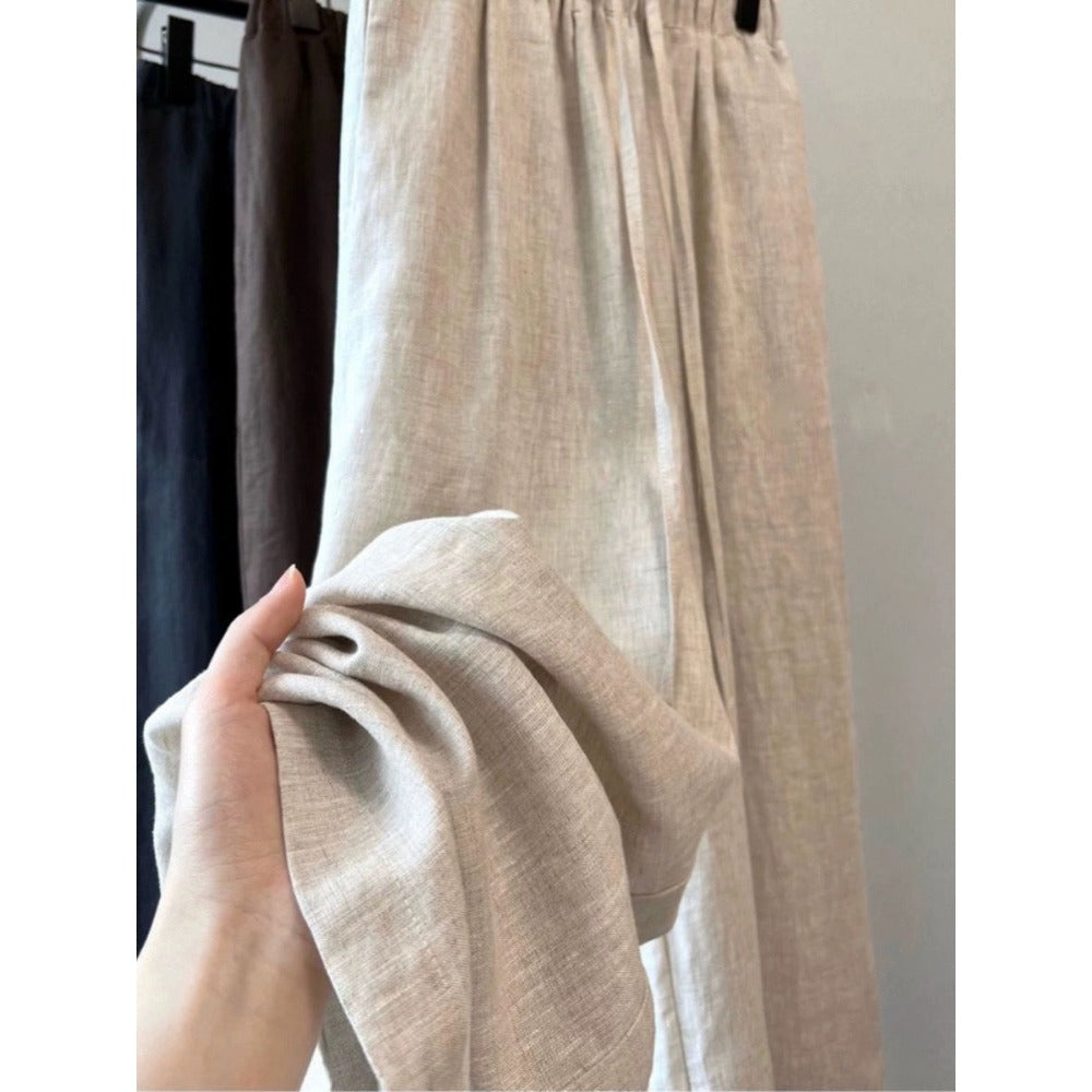 Wide Leg Linen Pants with Drawstring for Women - Monica