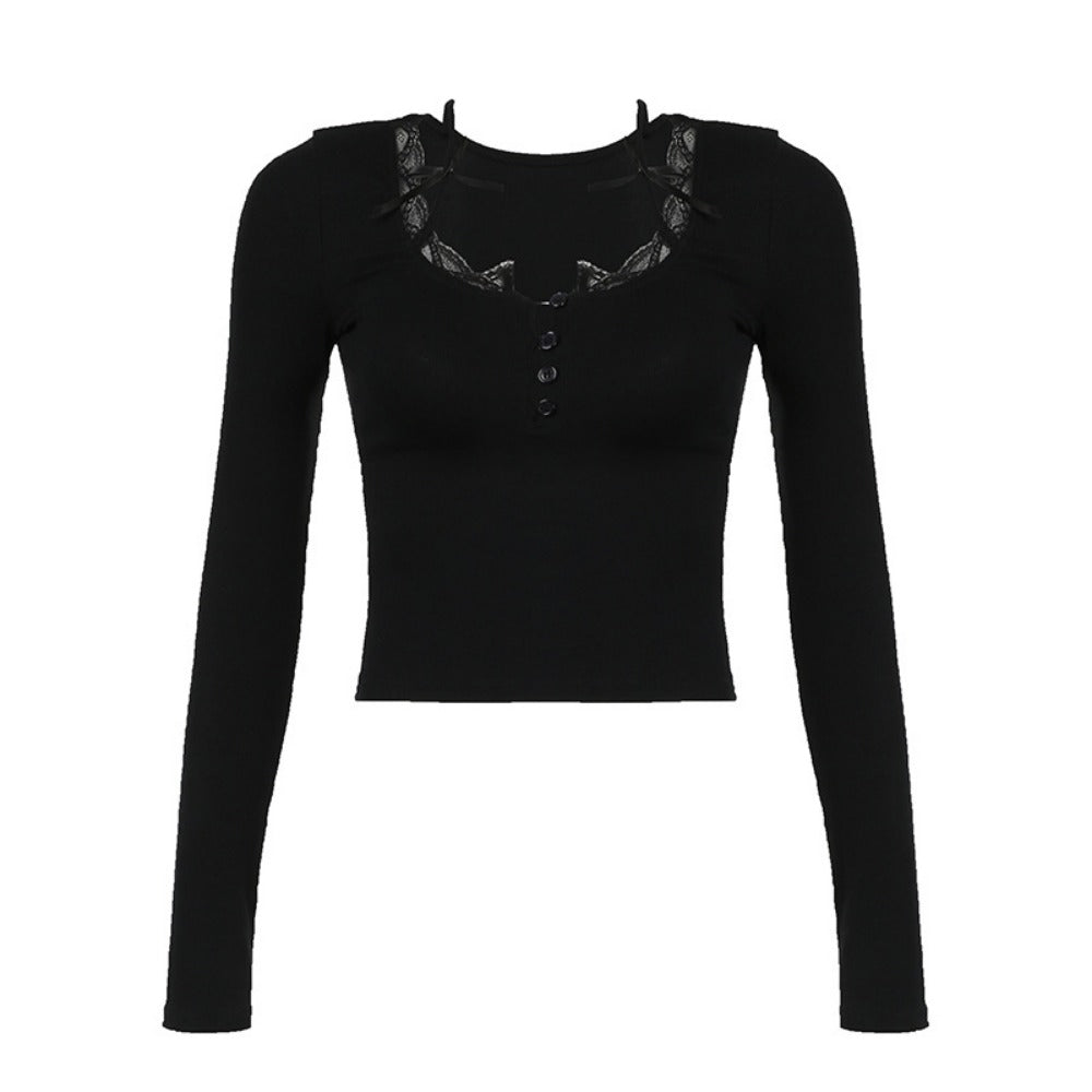 Black Long Sleeve Lace Trim Button Top for Women - Milena