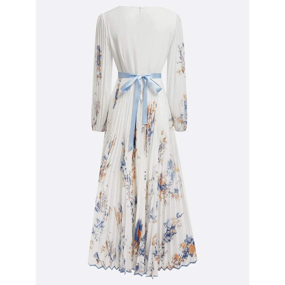 Floral Print Pleated Maxi Dress with Long Sleeves for Women - Gelsomina