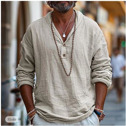 Men's Henley-Style Linen Shirt | Long Sleeve