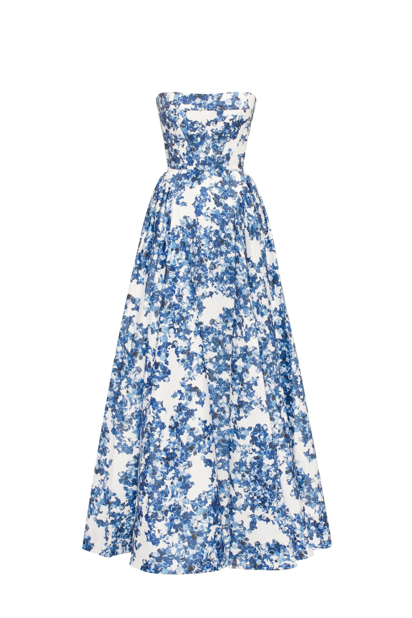 Blue White Floral Strapless Maxi Dress with Pockets for Women - Stefania