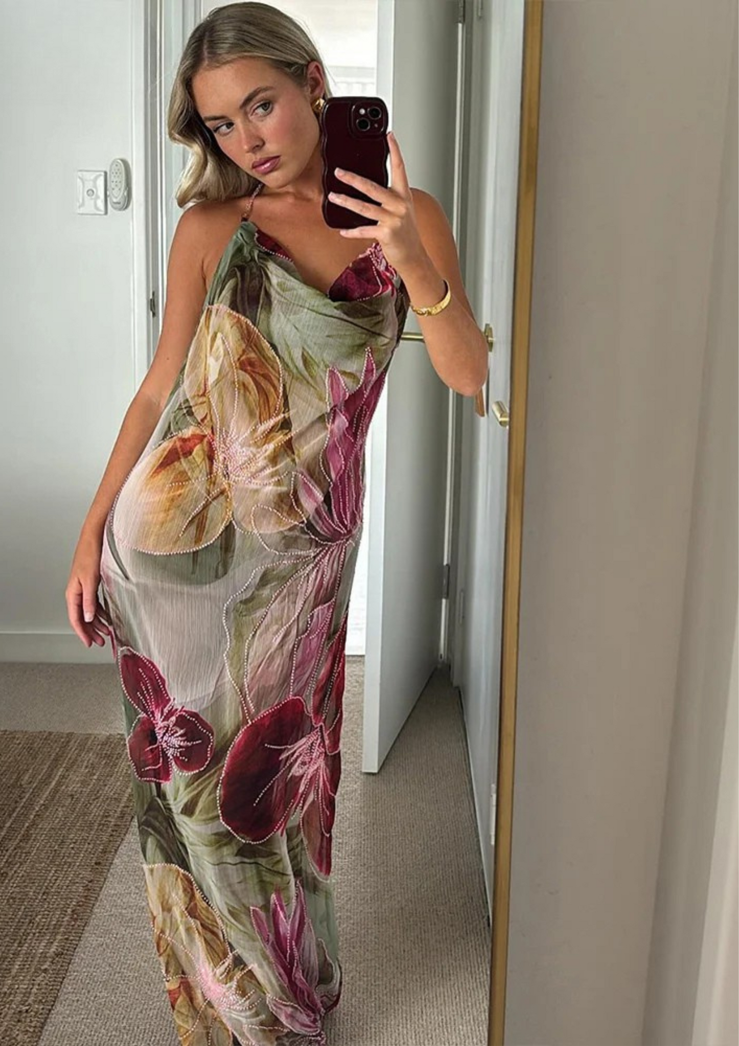 Green Floral Maxi Dress with Side Slit for Women - Fatima