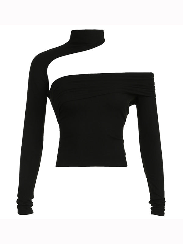 Black Y2k One Shoulder Hollow Long Sleeve Tee