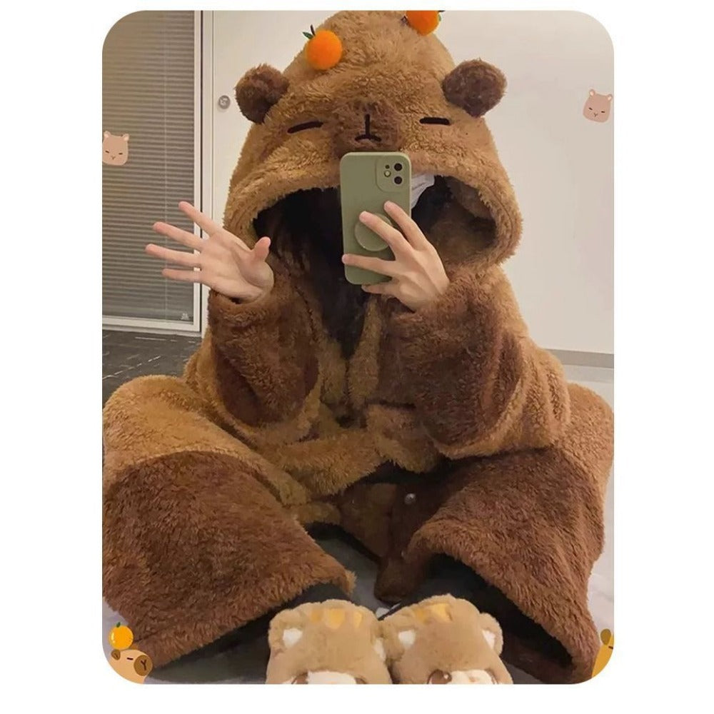 Brown Fleece Hooded Dressing Gown with Animal Ears for Women - Paola