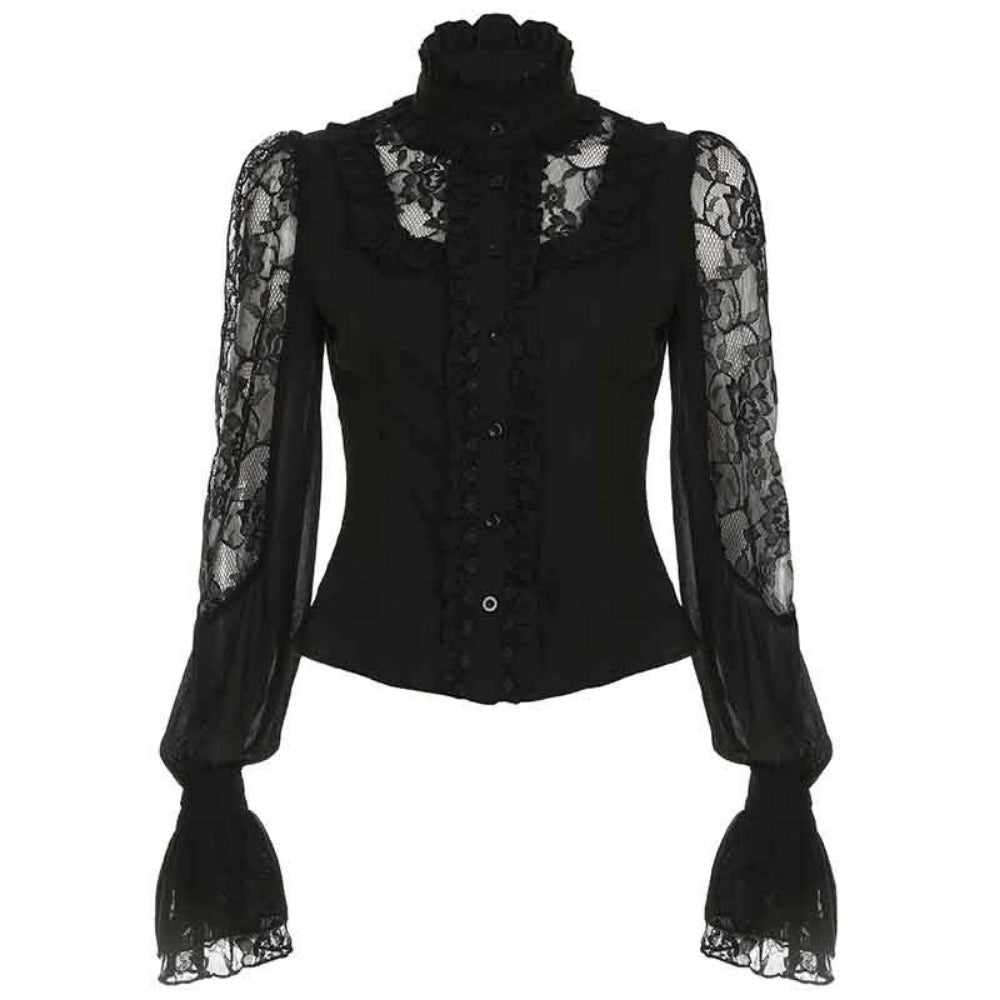 Black Lace Long Sleeve Button Blouse with Ruffles for Women - Olimpia