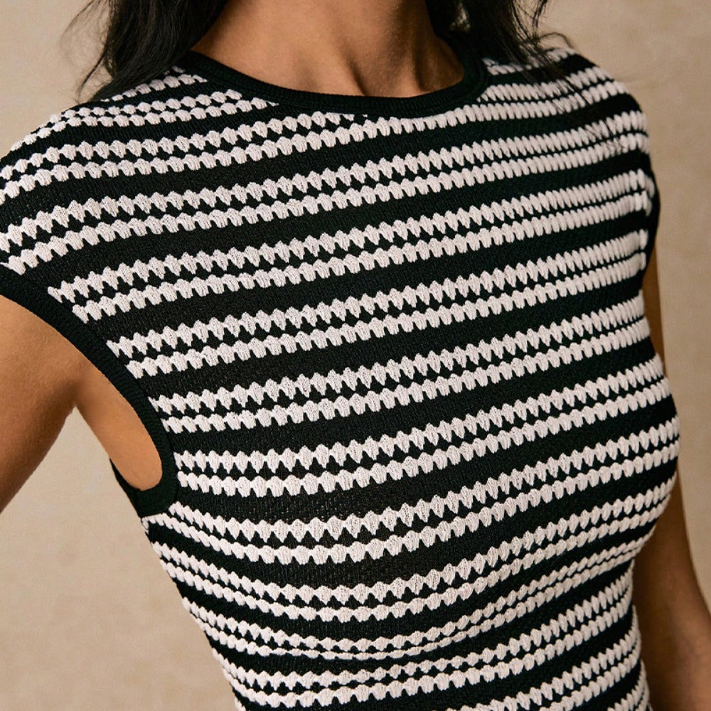 Black White Striped Midi Dress with Cap Sleeves for Women - Alba