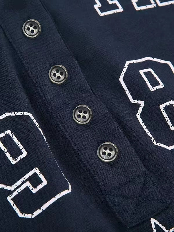 Navy Blue Vintage Long Sleeve Top with Letter Logo