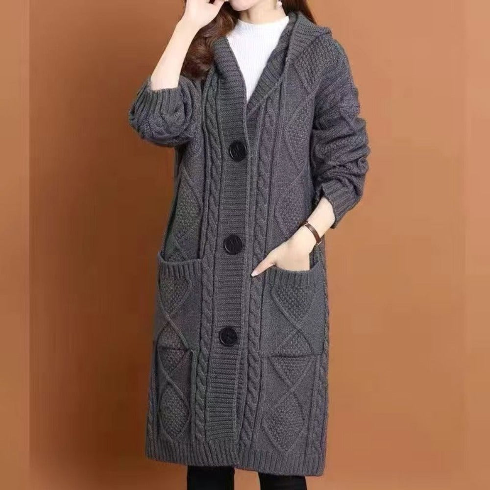 Cable Knit Hooded Sweater Coat with Pockets for Women - Fiorella