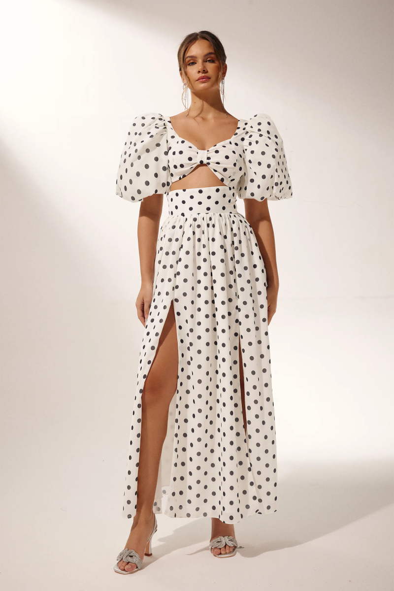White Polka Dot Maxi Dress with Side Slit for Women - Lelia