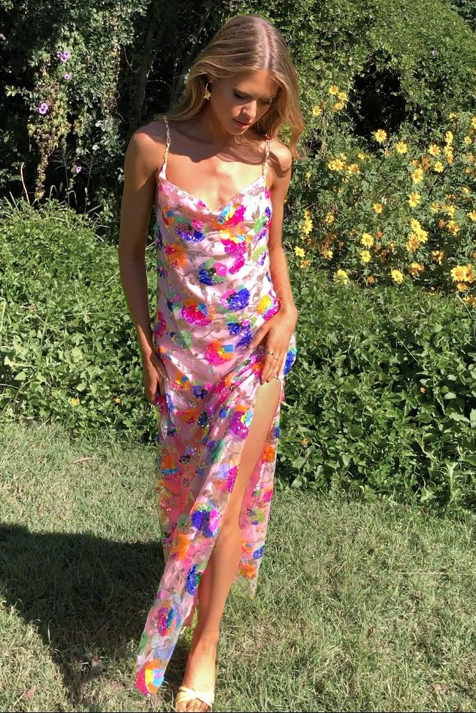 Floral Sequin Maxi Dress with Chain Straps for Women - Donatella