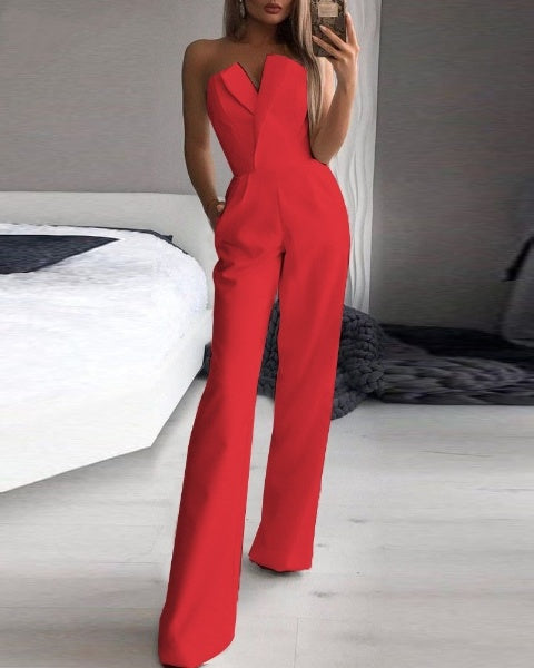Women's Strapless Wide Leg Jumpsuit | V-Neck