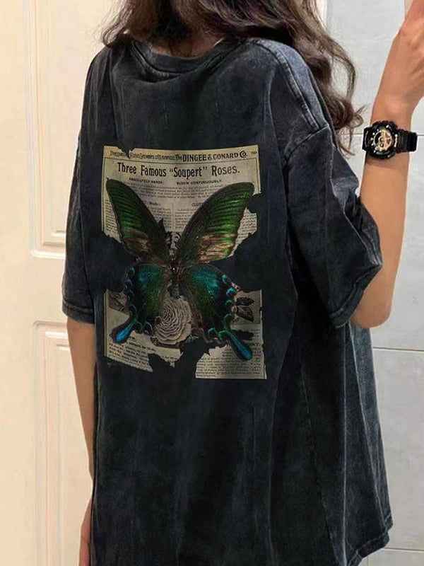 Camiseta de manga corta de estampado de mariposa de gran tamaño de gran tamaño