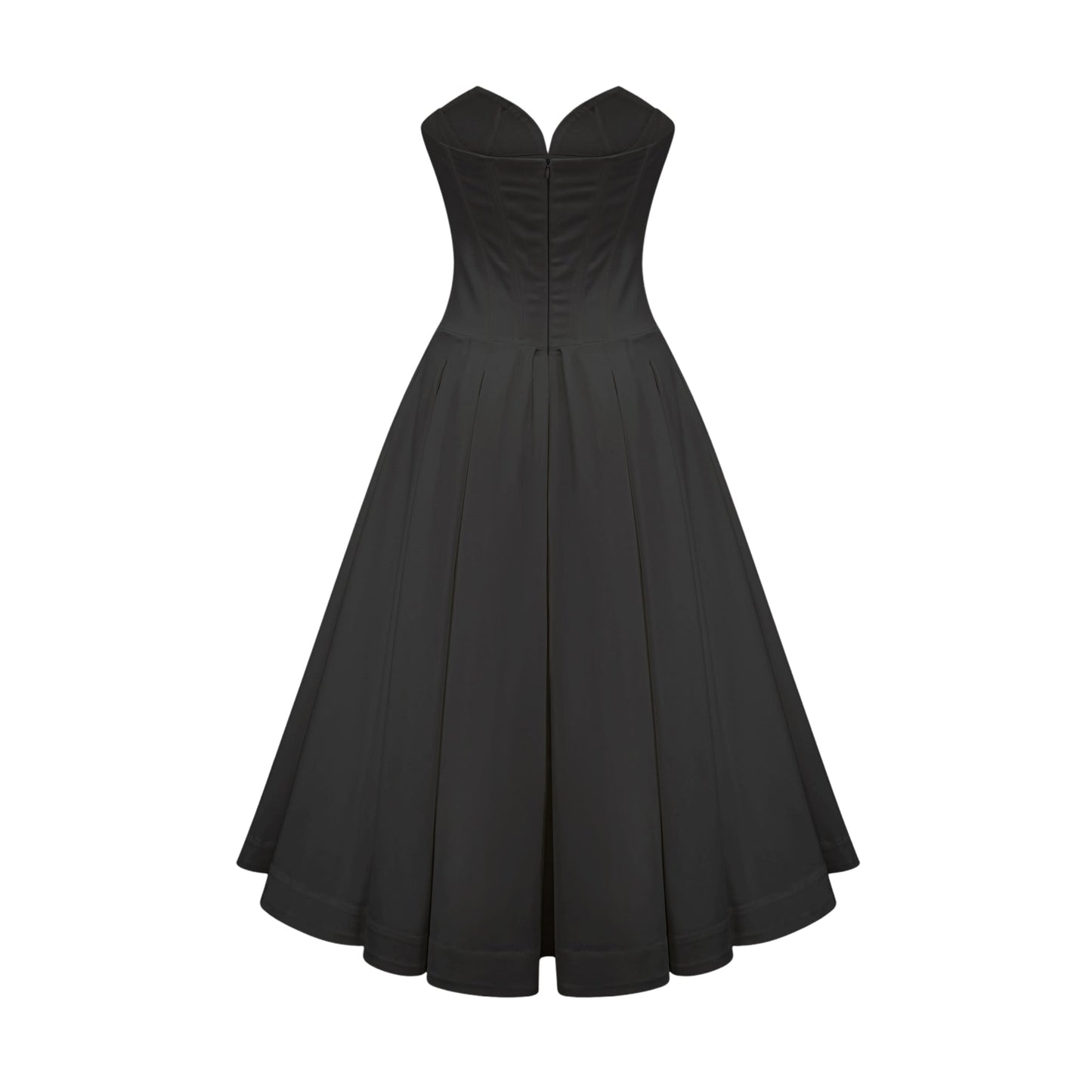 Black Strapless Corset Midi Dress with Full Skirt for Women - Silvana
