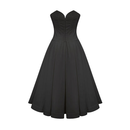 Black Strapless Corset Midi Dress with Full Skirt for Women - Silvana