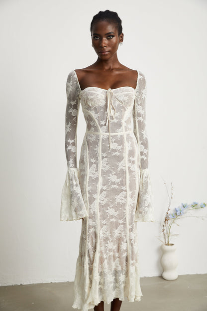 Ivory Lace Maxi Dress with Flared Sleeves for Women - Camilla