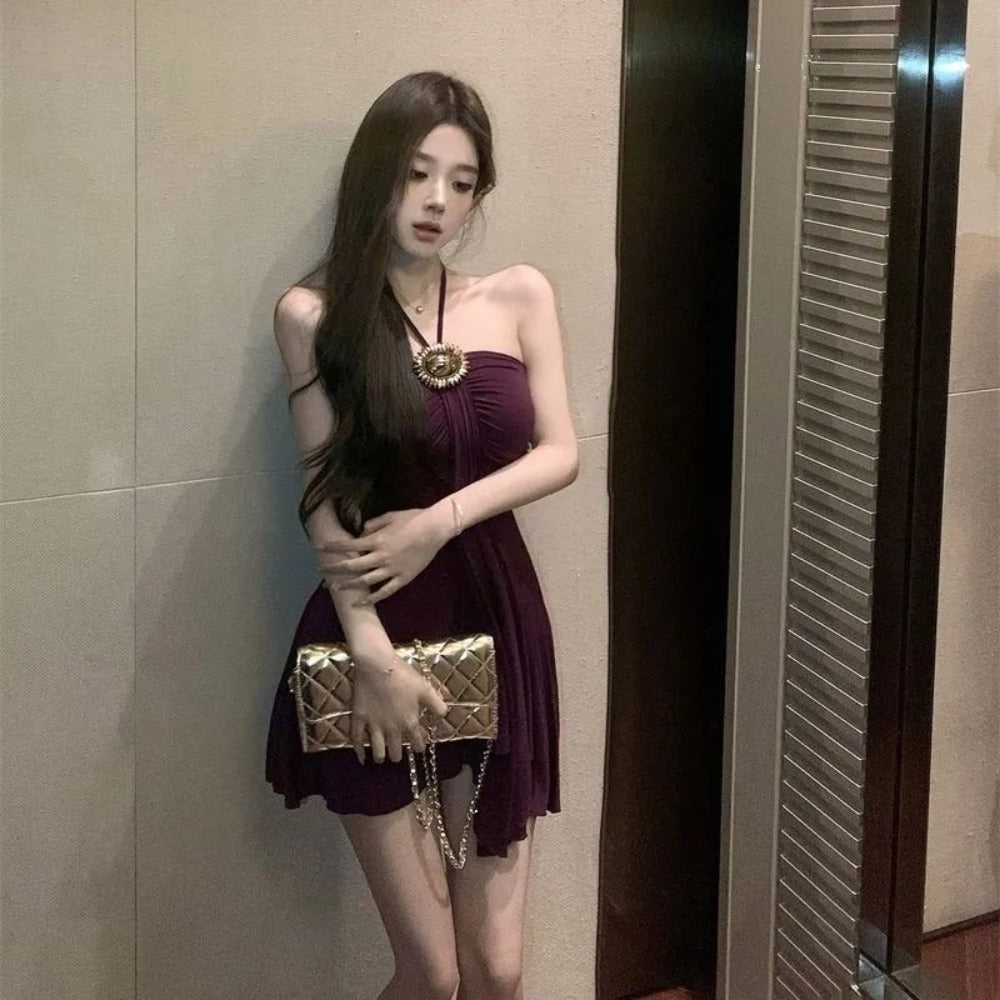 Wine Red Halter Mini Dress for Women - Isabella