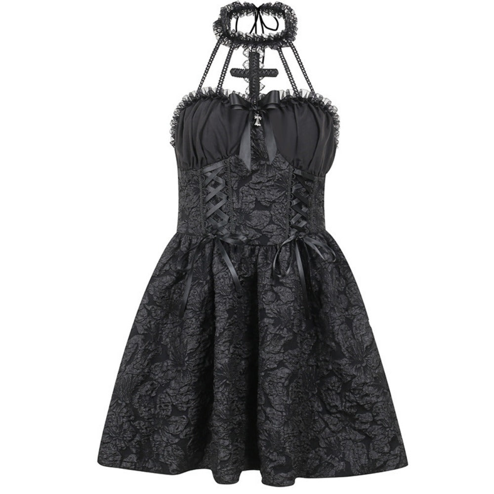 Black Lace Halter Mini Dress with Corset Detail for Women - Linda