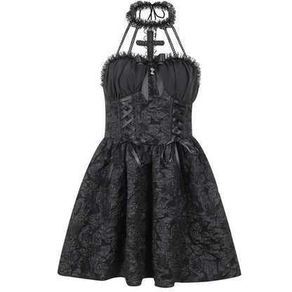 Black Lace Halter Mini Dress with Corset Detail for Women - Linda