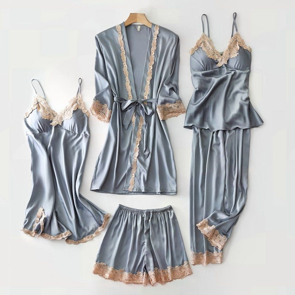 Satin Sleepwear Set with Lace Trim for Women - Marusca