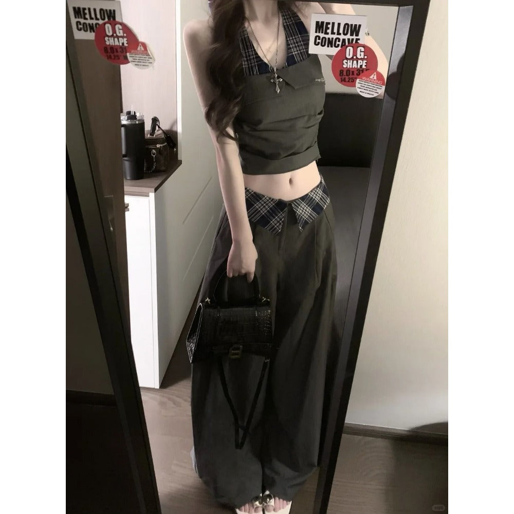 Black Halter Crop Top and Wide Leg Pants Set for Women - Benedetta