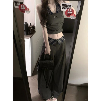 Black Halter Crop Top and Wide Leg Pants Set for Women - Benedetta