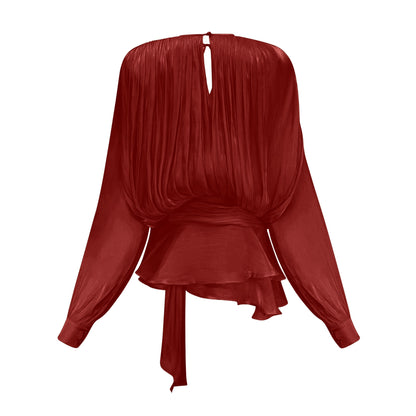 Red Pleated Mini Dress with Tie Waist for Women - Eugenia