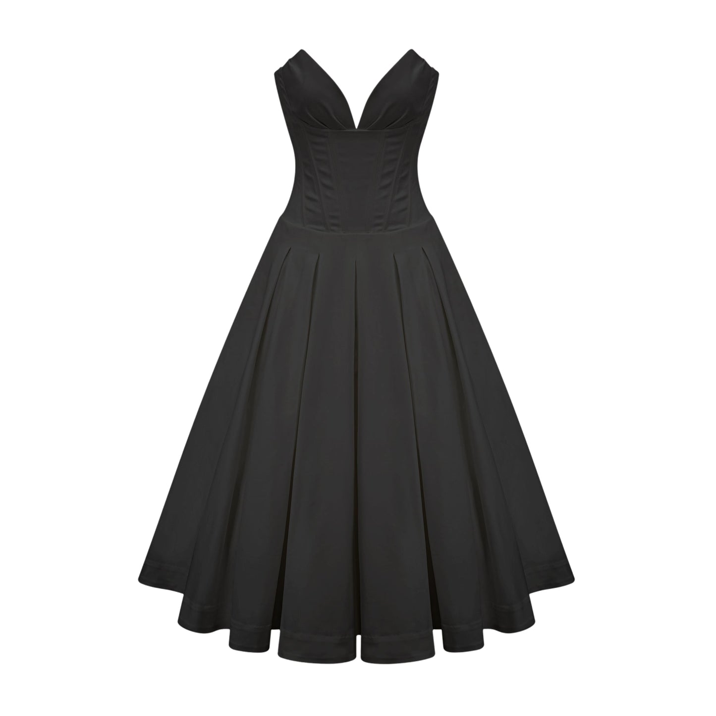 Black Strapless Corset Midi Dress with Full Skirt for Women - Silvana