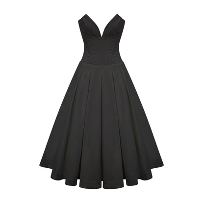 Black Strapless Corset Midi Dress with Full Skirt for Women - Silvana