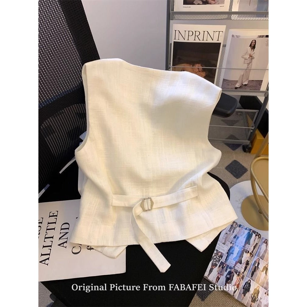 White Button Down Linen Vest Top for Women - Carmela