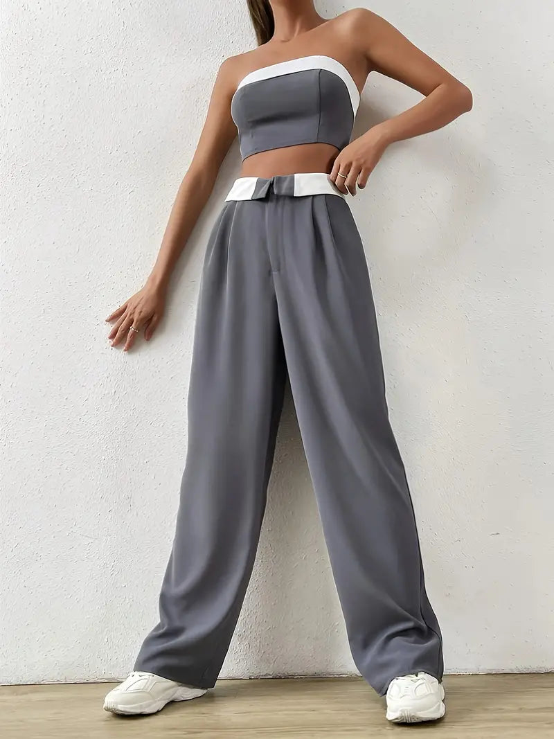 Contrast Vintage Off Shoulder Tube Top & Pants Two Piece Set