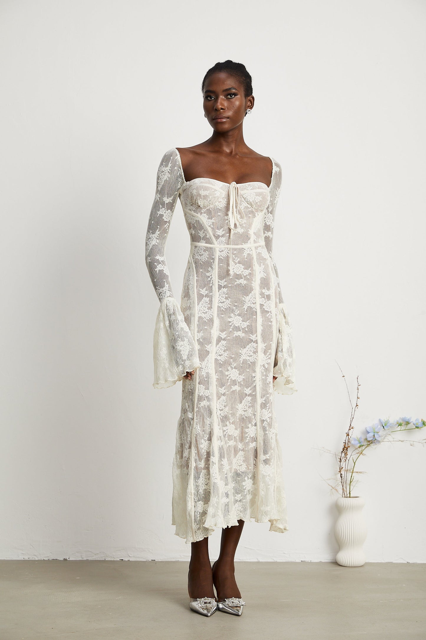 Ivory Lace Maxi Dress with Flared Sleeves for Women - Camilla
