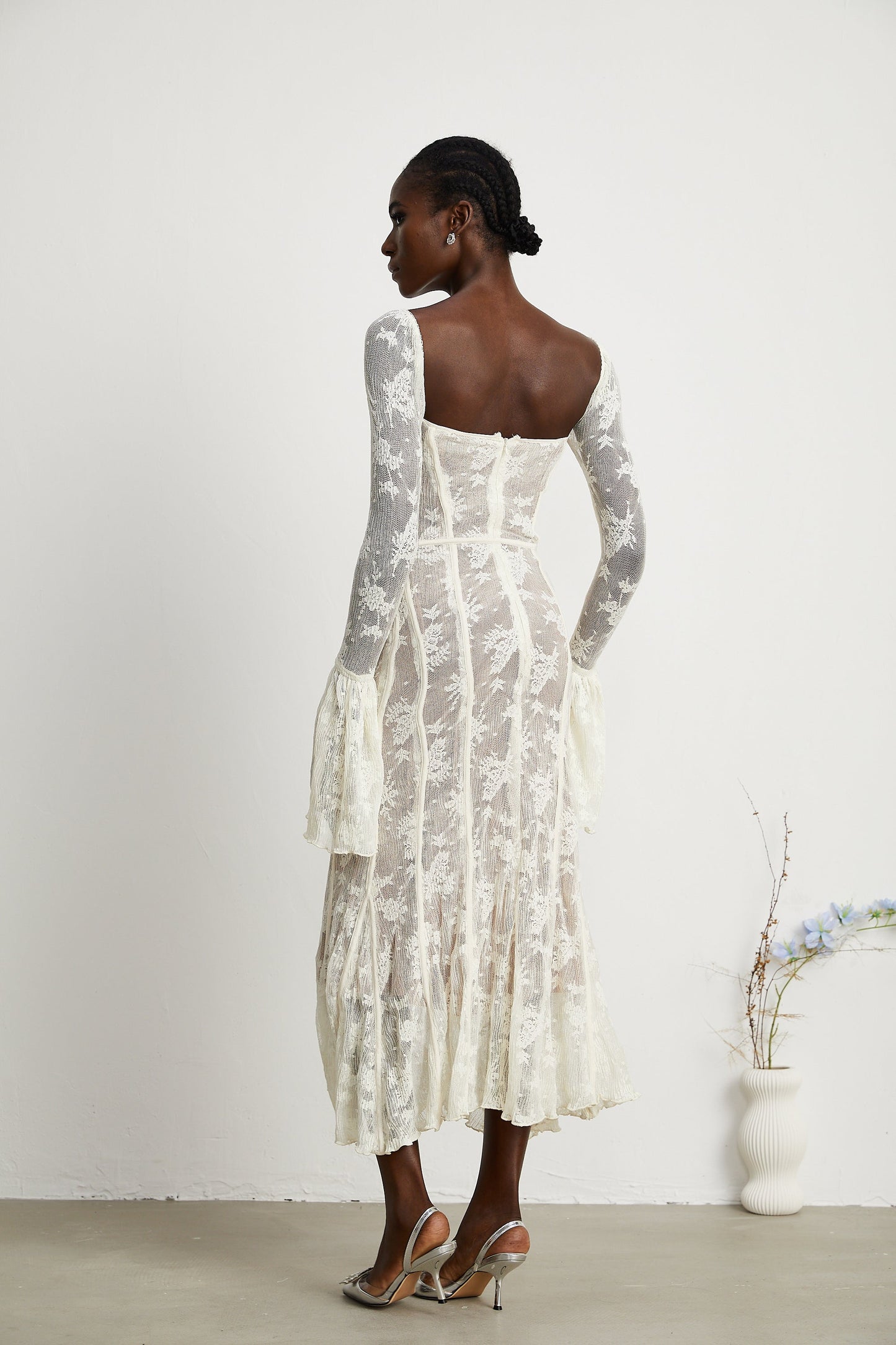 Ivory Lace Maxi Dress with Flared Sleeves for Women - Camilla