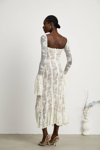 Ivory Lace Maxi Dress with Flared Sleeves for Women - Camilla