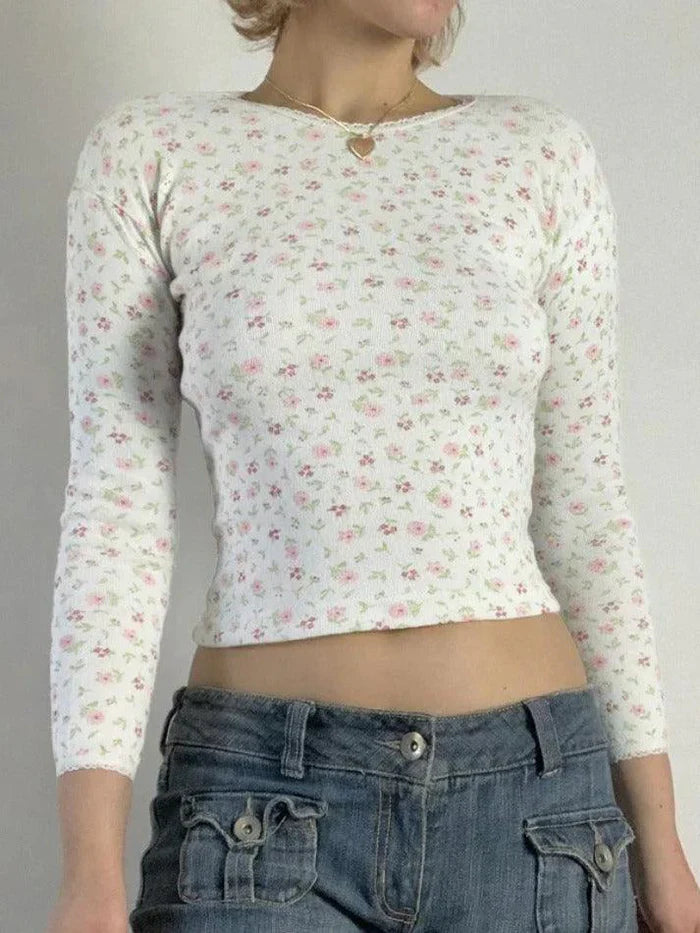 Jersey de punto de manga larga con cuello redondo y estampado floral vintage blanco