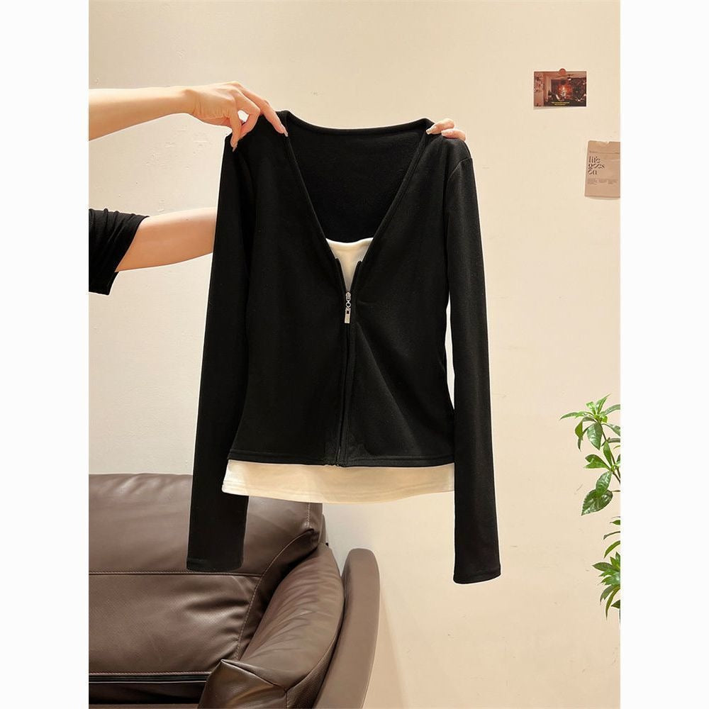 Black Long Sleeve Zip Up Shirt for Women - Alba
