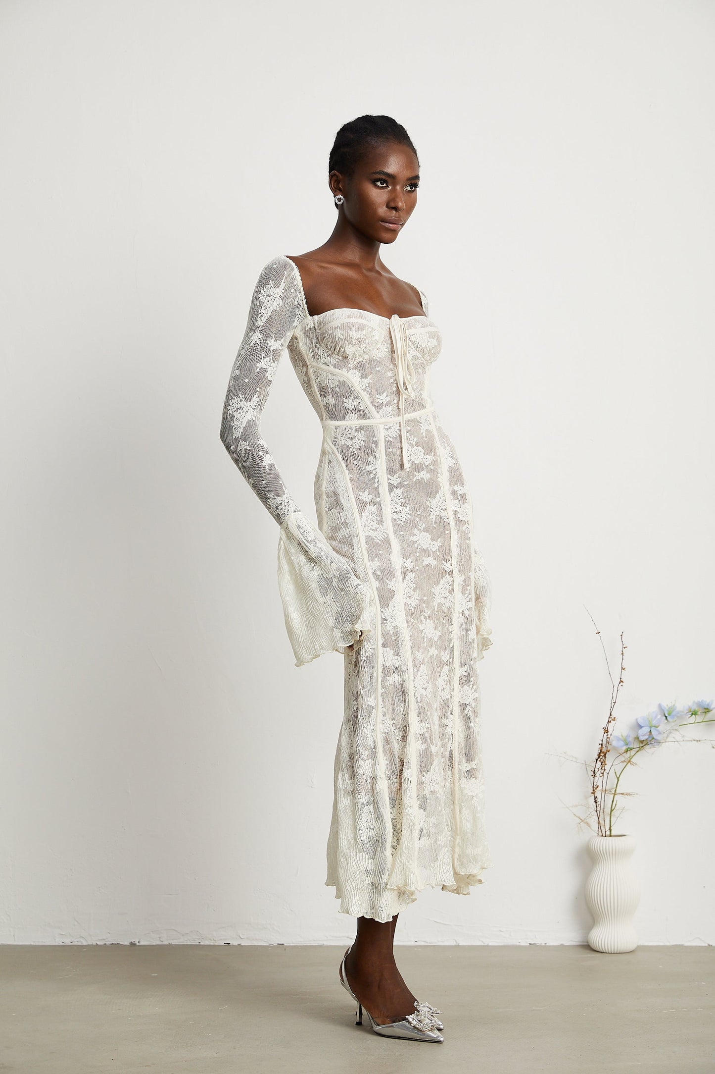 Ivory Lace Maxi Dress with Flared Sleeves for Women - Camilla